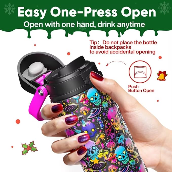 ENCOOL Insulated Water Bottle with Straw Stainless Steel Water Bottle with Push Button Lid, Leak-Proof & BPA-Free, Keeps Cold for 24 Hours for Sports, Travel, Gym (24 oz, Trippy Skulls)