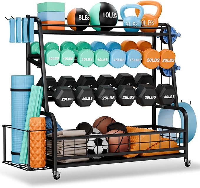XL Dumbbell Rack Weight Stand - Adjustable Weight Rack for Dumbbells, Home Gym Storage Rack for Kettlebell, Balls,Yoga Mat Storage Holder, Workout Equipment Storage Organizer With Wheels