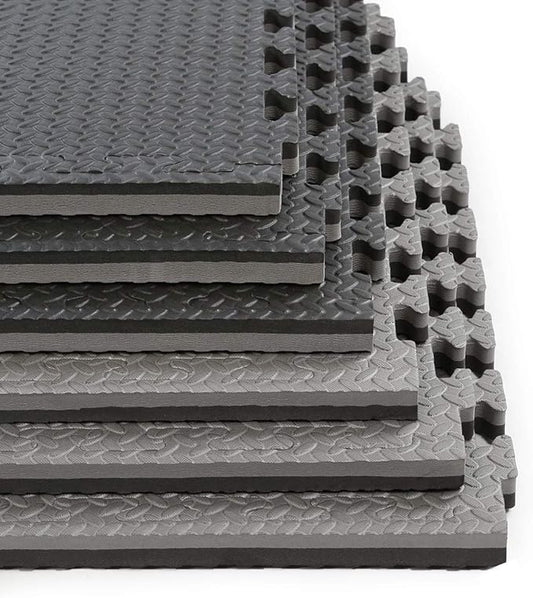 Xspec 1" Extra Thick 48 sq ft Reversible EVA Gym Foam Floor Mat Tiles (24" x 24"), Steel Pattern, 12 pcs, Black & Grey