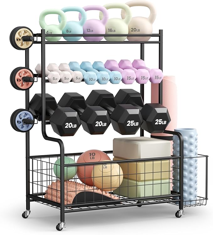 Dumbbell Rack, Weight Rack for Home Gym, Weight Stand for Dumbbells Kettlebells Yoga Mat and Balls, All in One Home Gym Storage with Universal Wheels and Hooks, Workout Storage for Yoga(Metal)