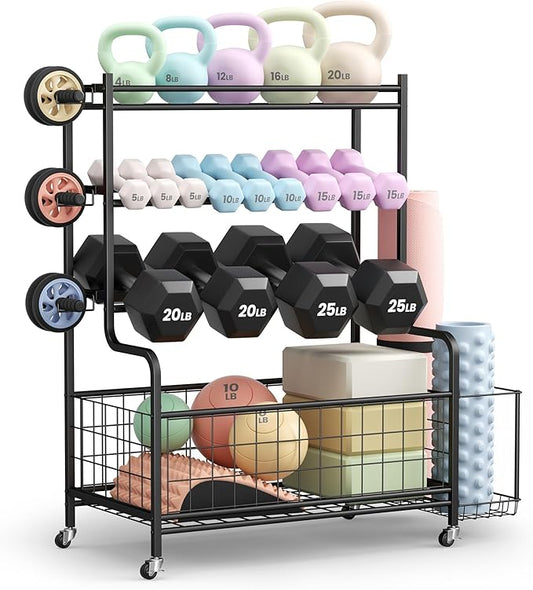 Dumbbell Rack, Weight Rack for Home Gym, Weight Stand for Dumbbells Kettlebells Yoga Mat and Balls, All in One Home Gym Storage with Universal Wheels and Hooks, Workout Storage for Yoga(Metal)