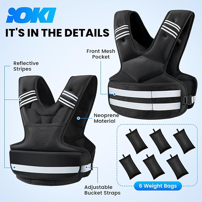 Adjustable Weighted Vest for Women and Men, 4-11lb/11-18lb/20-32lb Rucking Vest with 6 Ironsand Weights, Reflective Stripe and Storage Pocket for Workouts, Running, Strength Training