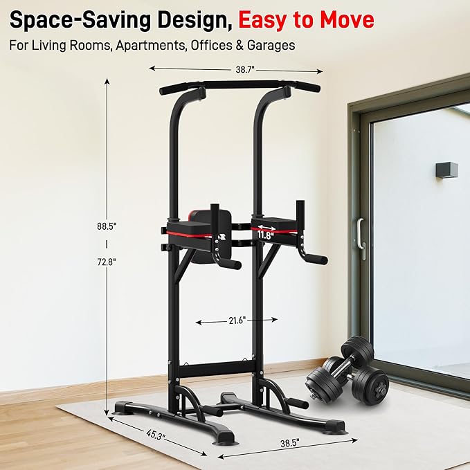 Outdoor Basic Power Tower, Pull Up Bar and Dip Station for Home Gym, 1600LBS Weight Capacity, Adjustable Height, Heavy Duty Steel Frame for Calisthenics, Strength Training Fitness Equipment