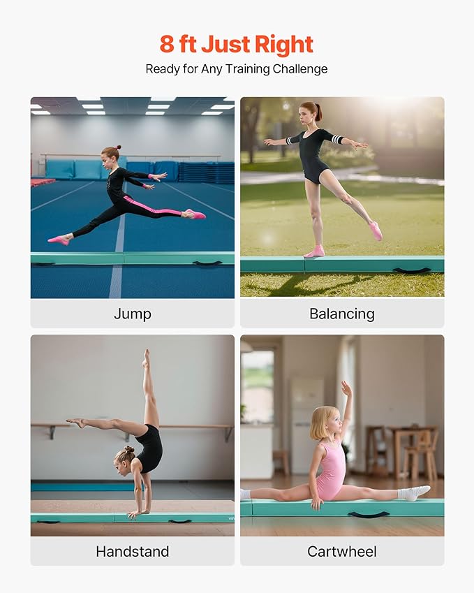 VEVOR 8FT Balance Beam for Kids, 200-350LBS Stable Support Gymnastics Floor Beam with Non-Slip Mat, Wood-Core/EVA Gymnastics Training Equipment with Anti-Slip Bottom & Carry Bag for Home Gym