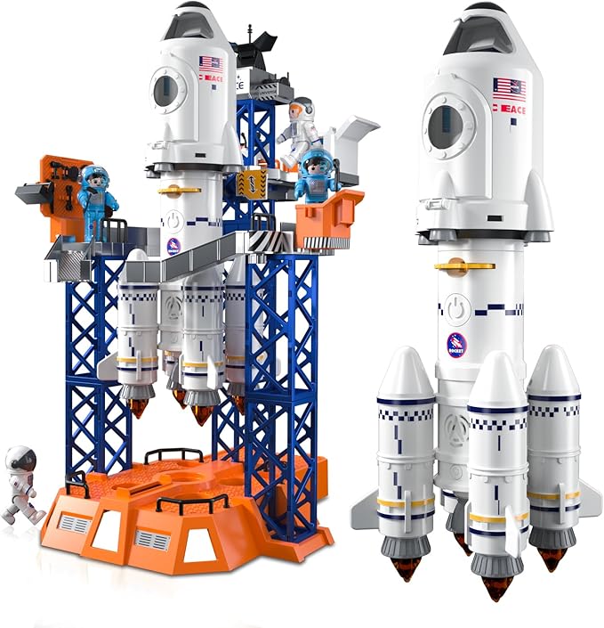 Rocket Launcher Space Shuttle Toys for Kids Boys Age 3 4 5 6 7 8 9 Years Old, 2-in-1 STEM Building Aerospace Toys with Rocket Launcher for Indoor Outdoor, Spaceship Toys Birthday Gift for Boys Girls