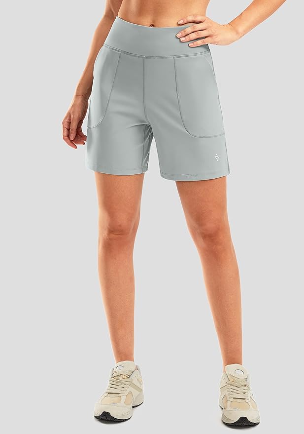 SANTINY Women's 6'' Athletic Long Shorts with 4 Pockets High Waisted Bermuda Shorts for Women Walking Running Casual