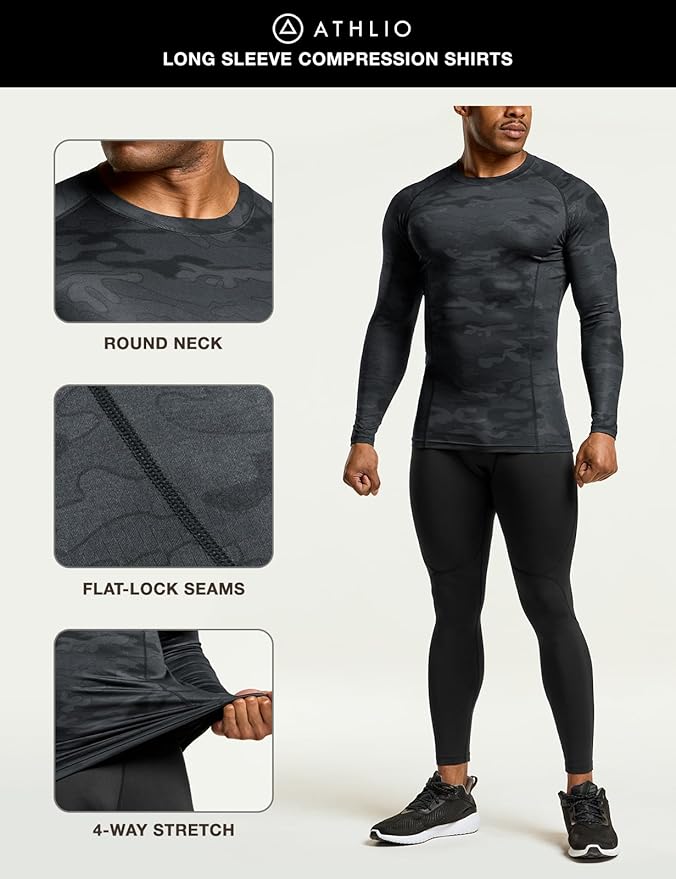 ATHLIO Men's UPF 50+ Long Sleeve Compression Shirts, Water Sports Rash Guard Base Layer, Athletic Workout Shirt