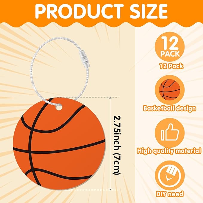 12 Pcs Basketball Luggage Tags for Travel Suitcases Labels with Metal Ring 2.75in Basketball Keychain PVC Name Id and DIY Pocket Hug Card Backpack Charm for Men Women Travel Bag Suitcase
