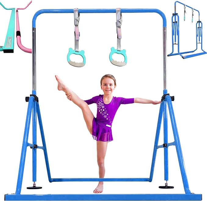 PreGymnastic Folding Gymnastics Bar with Rings, Foldable Kip Bar with Sturdier Base, Training Bar for Kids Ages 3-10, Horizontal Bar, Home Gym Equipment for Boy Girl