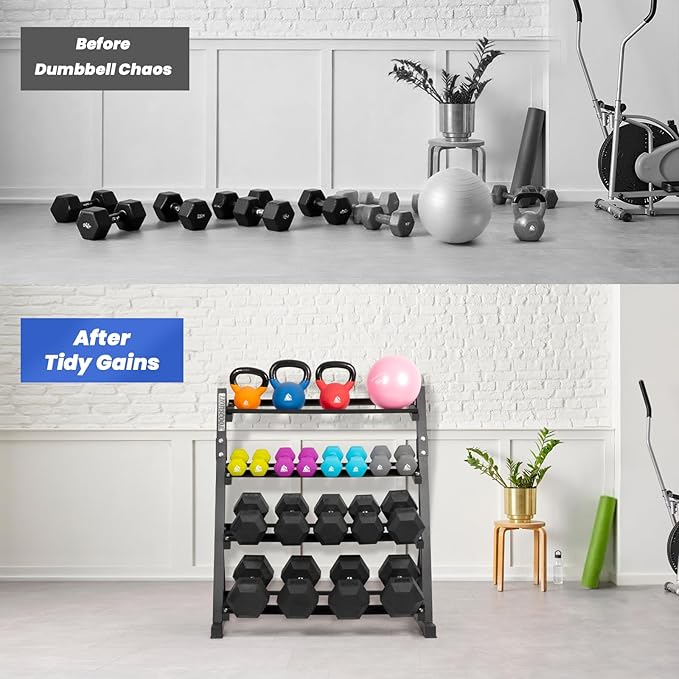 LIONSCOOL Adjustable Dumbbell Rack Stand, 4-Tier Heavy Duty Weight Storage Dumbbell Rack for Dumbbells & Kettlebells, Compact Space-Saving Organizer Stand for Home Gym, 1000+ LB Capacity