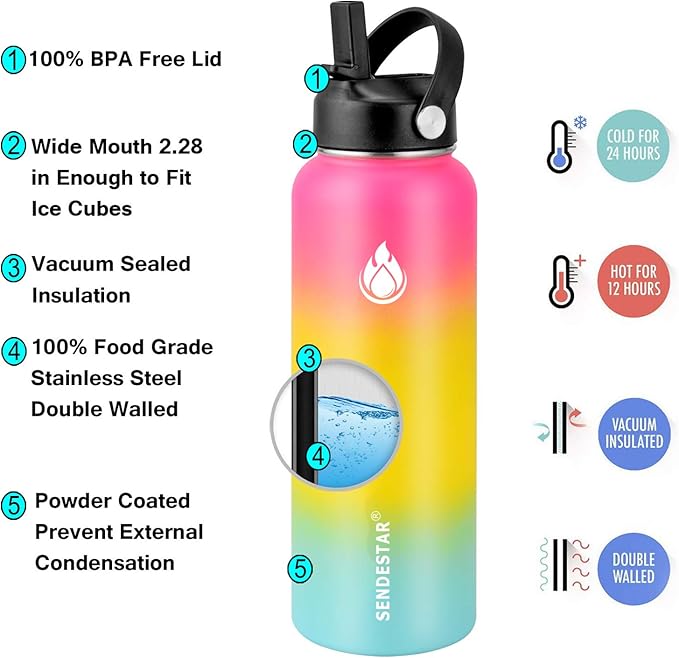 Insulated Water Bottle 32 oz with Straw, Stainless Steel Wide Mouth Water Bottle, Double Wall Vacuum Leak Proof with Straw Lid & Spout Lid for Sports or Office, Keep Cold or Hot Up to 24 Hrs
