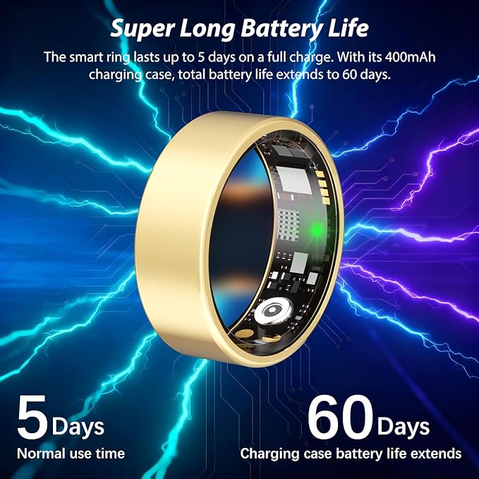 Smart Ring for Women Men Fitness Ring with Heart Rate, Blood Oxygen, Blood Pressure, Sleep Tracker, Step Tracker, IP68 Waterproof Health Ring for iOS & Android,No Subscription Fee (Gold, 6#)