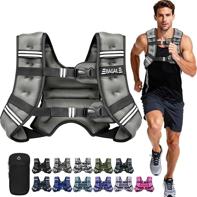 BAGAIL Weighted Vest, 5lb/8lb/10lb/12lb/15lb/20lb/25lb/30lb Weight Vest for Walking & Weight Loss, Reflective Rucking Vest with Phone Pouch for Women & Men, Home Gym & Outdoor Training
