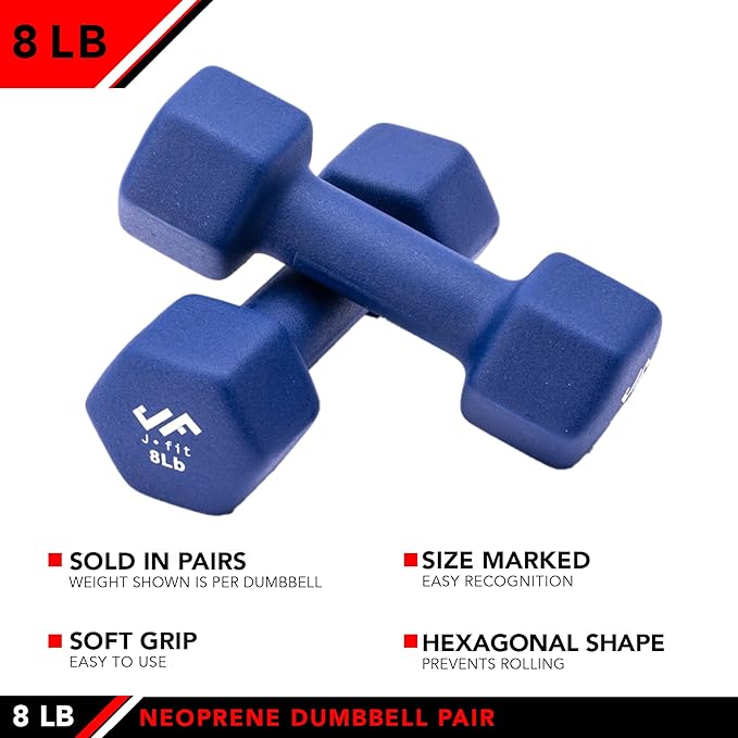 JFIT Dumbbell Pairs or Sets – Neoprene & Vinyl Coated Hand Weights for Home Gym, Strength Training, Aerobics, Cardio Exercise and Fitness