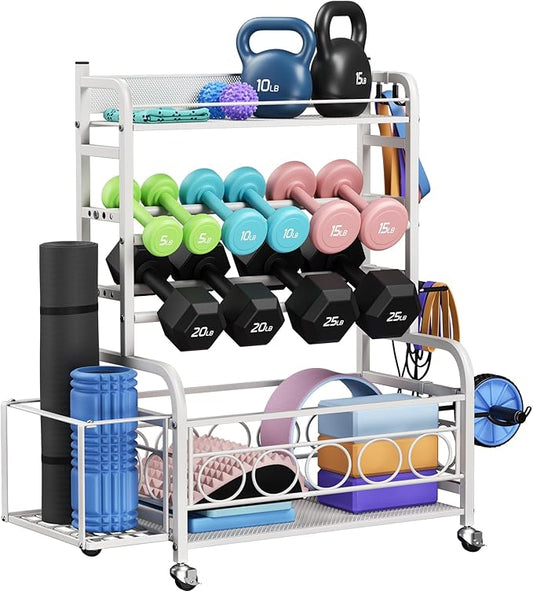400LBS Dumbbell Rack, VOPEAK Adjustable Weight Rack for Home Gym, Home Gym Storage Rack for Yoga Mat Kettlebells and Strength Training Equipment, Weight Storage Rack for Dumbbells with Wheels