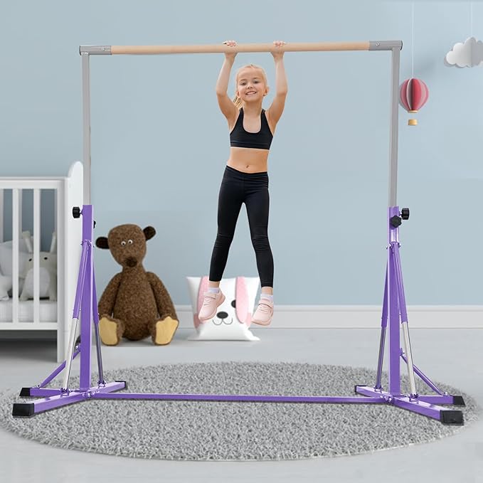 Gymnastics Bar, 5'10” Base length 45" to 71" Adjustable Horizontal Bar for Serious Training, 500 LBS Capacity, Professional Home Gym Equipment with Competition-Grade Beech-covered Fiberglass Bar