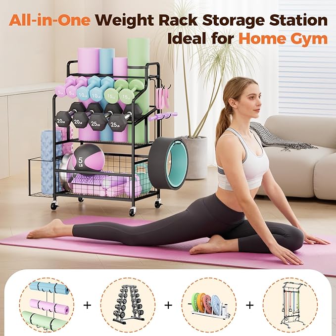 Dumbbell Rack, Home Gym Weight Rack Storage, Adjustable Dumbbell Stand Organizer with Wheels, Holds Dumbbells, Kettlebells, Yoga Mats