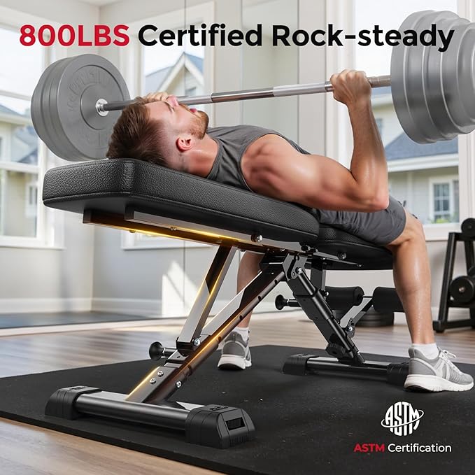 FLYBIRD Adjustable Weight Bench, ASTM-Certified 800LBS Workout Bench Foldable for Home Gym, 90° to -30° FID and 30in Extended Backrest for Bench Press Strength Training Exercise