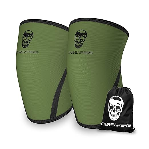 Gymreapers Knee Sleeves (Pair w/Bag) - Knee Compression Sleeve Support Squats, Weightlifting Powerlifting 7MM Neoprene Sleeves - 1 Year Warranty (Military Green/Black, Medium)