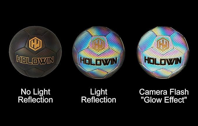 Holographic Luminous Soccer Ball for Night Games & Training Football Ball Glowing in The Dark Light Up Reflective with Camera Flash Reflects Light Gifts, & Men (Size 5, Black)
