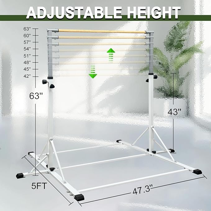 86 York Gymnastics Bar for Kids Ages 3-20, 5FT Base Length, 42" to 63" Adjustable Height, Horizontal Bar, Kip Bar for Gymnast, Gymnastic Training Equipment for Home, Gym Center (Gym Bar, White)