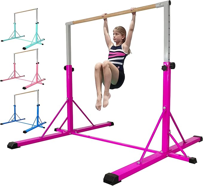 Gymnastics Bar for Kids Ages 3-15, 35" to 60" Adjustable Height, 4FT Wide Base - Professional Kip Bar with 360° Stability & Fiberglass Crossbar, Easy Fold&Solid Design for Home Training