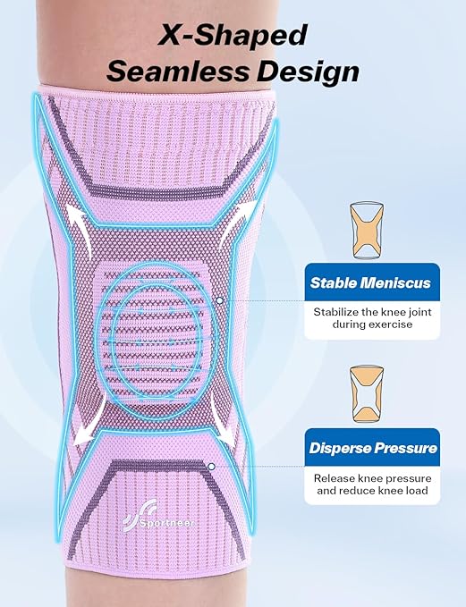 Sportneer Knee Brace with Dual Side Stabilizers – Maximum Support Compression Knee Sleeve for Men & Women, Anti-Slip Knee Support for Running, Workout, Arthritis, ACL & Pain Relief (Pink-Purple, X-Large(19"-22"))