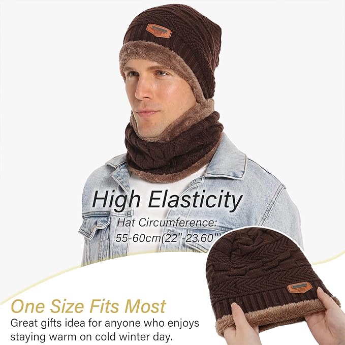 FZ FANTASTIC ZONE Mens Womens Winter Beanie Hat Scarf Set Warm Knit Thick Fleece Lined Skull Cap Neck Warmer for Men Women