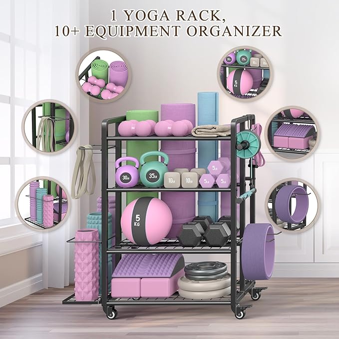 4-Tier Dumbbell Rack Stand Only, Adjustable Weight Rack for Dumbbells Kettlebells Yoga Mat, Home Gym Storage Rack with Wheels and Hooks, Powder Coated Finish