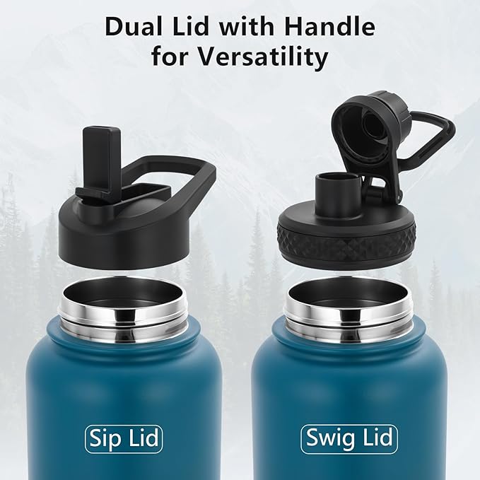 32oz Insulated Stainless Steel Water Bottle, Dual lids, Large Flask, Wide Mouth Sport Drink Bottle (Keep Cold 24H Hot 12H) with Straw, Leakproof Spout Lid (Deep Teal & Onyx)