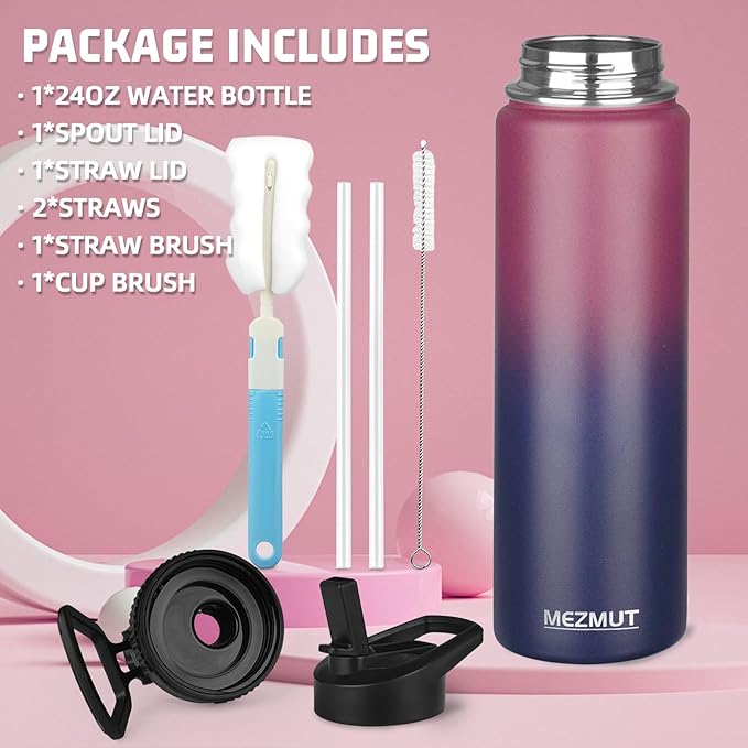 MEZMUT 18oz Insulated Water Bottle with Straw&3 Lids Stainless Steel Water Bottles Kids Metal Cups Water Bottle Cup for School Vacuum Insulated Bottles Leak-Proof Travel Cup (Gradient Red Blue)