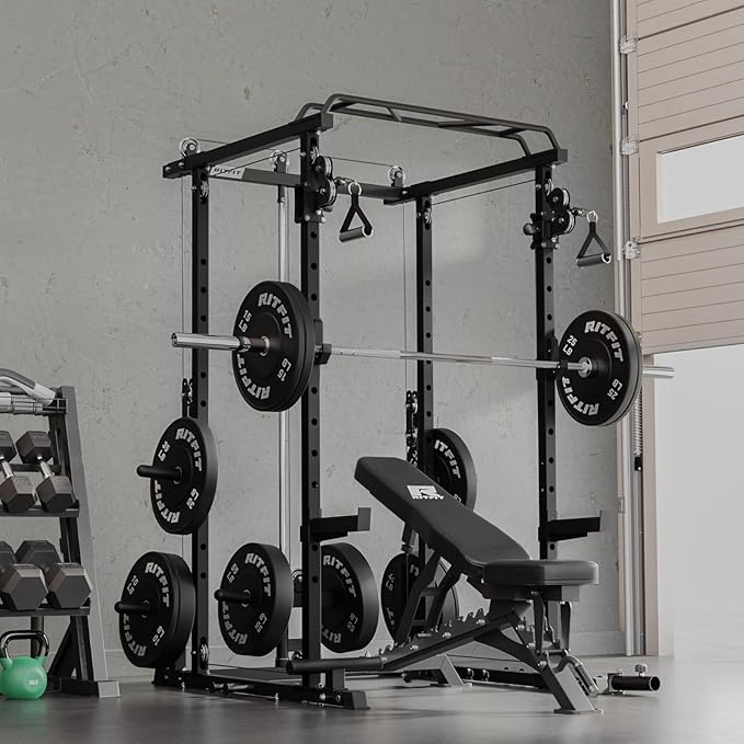 RitFit Upgraded PPC-P3 Power Cage, 3-in-1 Home Gym with Aluminum Pulley System, 1200LBS Capacity, Includes LAT Pulldown, Landmine, J-Hooks & 20+ Attachments, Fits Compact Spaces Black Red