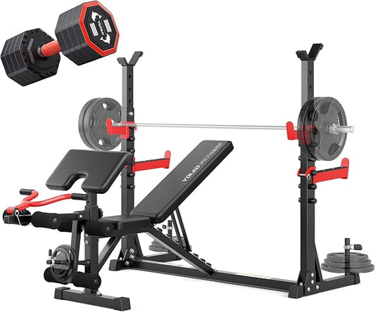 YOLEO 1980LBS Adjustable Weight Bench Set, 47.44" Wide Grip, Workout Bench with Squat Rack, Leg Extension, Preacher Curl, Bench Press with Safety Bar Catches, Weight Benches for Home Gym