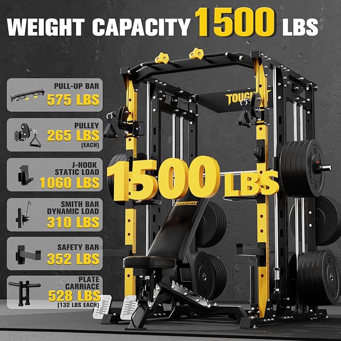 ToughFit F4 Smith Machine, Power cage with Adjustable Cable Crossover System, All-in-One Squat Rack Training Equipment for Home Gym