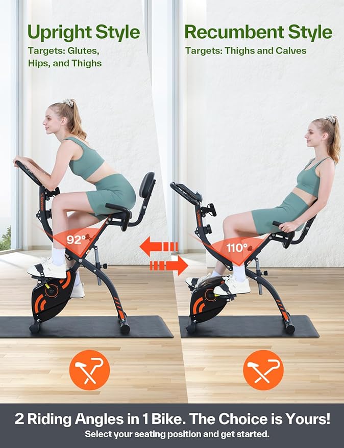 Foldable Exercise Bike Stationary Bike, Sportneer 4 in 1 Indoor Cycling Bike with 16 Level Magnetic Resistance Training Bike with Arm Resistance Band PVC Floor Mat Fitness Bike for Home Gym Workout