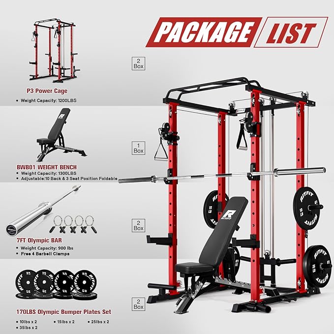 RitFit Upgraded PPC-P3 Power Cage, 3-in-1 Home Gym with Aluminum Pulley System, 1200LBS Capacity, Includes LAT Pulldown, Landmine, J-Hooks & 20+ Attachments, Fits Compact Spaces Black Red