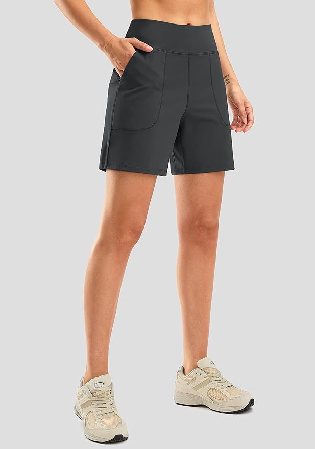 SANTINY Women's 6'' Athletic Long Shorts with 4 Pockets High Waisted Bermuda Shorts for Women Walking Running Casual