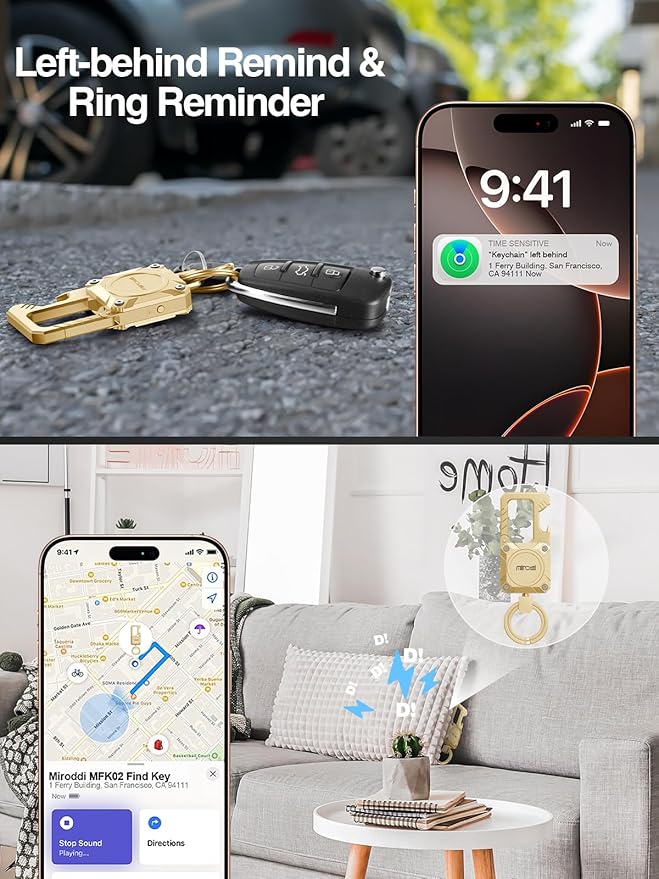 Miroddi Keychain Tracker, Men's Key Chain Works with Find My(iOS Only), Heavy Duty Keychain Carabiner Bottle Opener, Car Key Chains with Finder, Anti-lost Keyrings Tracker, Rechargeable, Gold