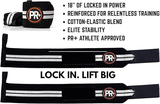 Set of PR+ Gymnastics Hand Grips + 18" Lifting Wrist Wraps for Pull Ups, Weightlifting, WODs & Cross Training – No Hole, Chalk-Free Gloves, Triple Layer Hand Protection & Wrist Support - Great Gift