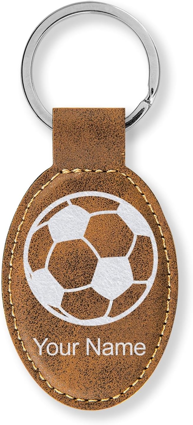 LaserGram Oval Keychain, Soccer Ball, Personalized Engraving Included
