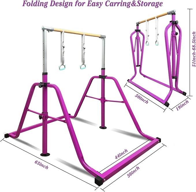 GLANT Gymnastics Bar for Kids with Rings Set, 7 Heights Adjustable Easy Folding Gymnastic Training Bar Kids Monkey Horizontal Bars - Max Load 300LBS