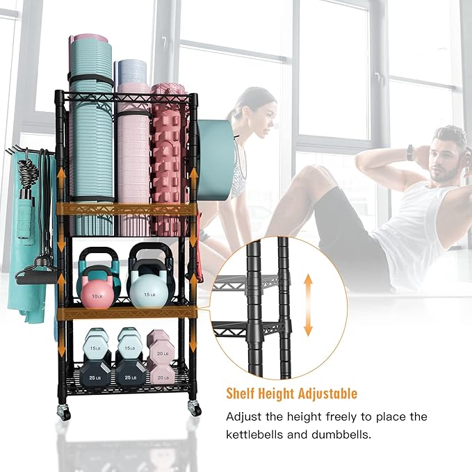FUTASSI Home Gym Storage, 3 Tiers Workout Equipment Organizer with Wheels for Yoga Mats, Foam Roller, Dumbbells, Kettlebells, and Resistance Bands