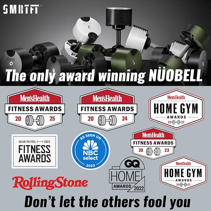SMRTFT NUOBELL Adjustable Dumbbells 5–80 lb Set | Original NUOBELL | 22 Weights in 1 for Home Gym Strength Training | Steel-Knurled Handle | Space-Saving Dumbbell Set of 2 | 2-Year Warranty