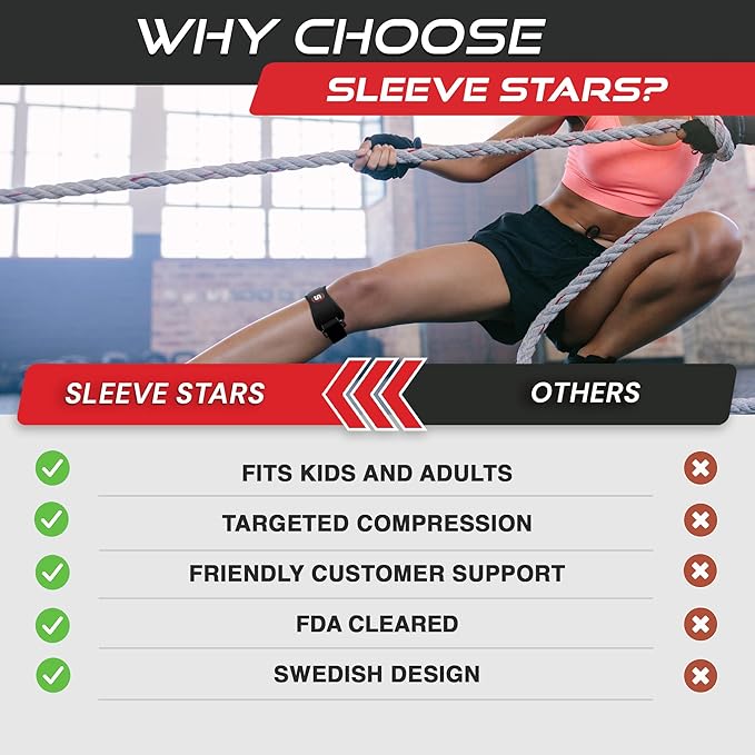 Sleeve Stars Swedish Brand Patellar Tendon Support Strap for Women & Men Effective Osgood Schlatter Knee Brace Youth & Kids Knee Brace with 3 Adjustable Length fits 12"-24" (Pair/Black/Adult)