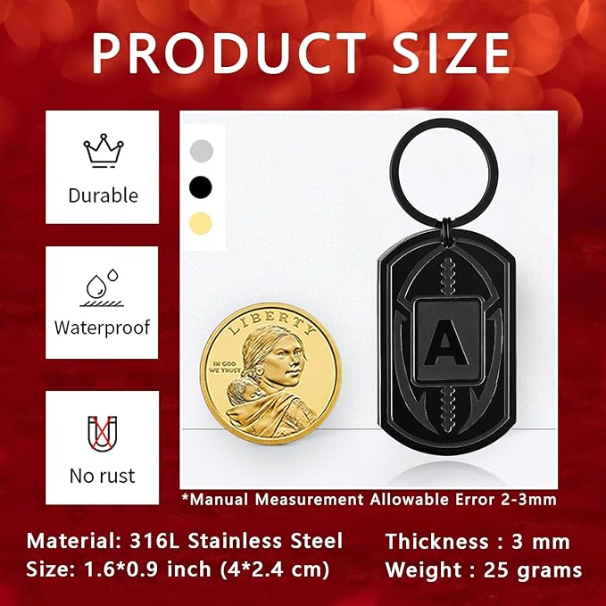 Stocking Stuffers Christmas Gift- Football Initial Keychain Gifts for Men Dog Tag Keychains for Men Him Dad