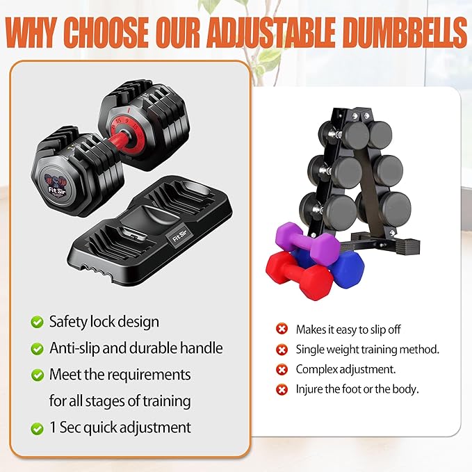 25/55LB Adjustable Dumbbell Set,10 in 1 Free Weights Dumbbell with Anti-Slip Texture Handle,1 Sec Speed Adjustment Men/Women Gym and Home Strength Training Equipment.