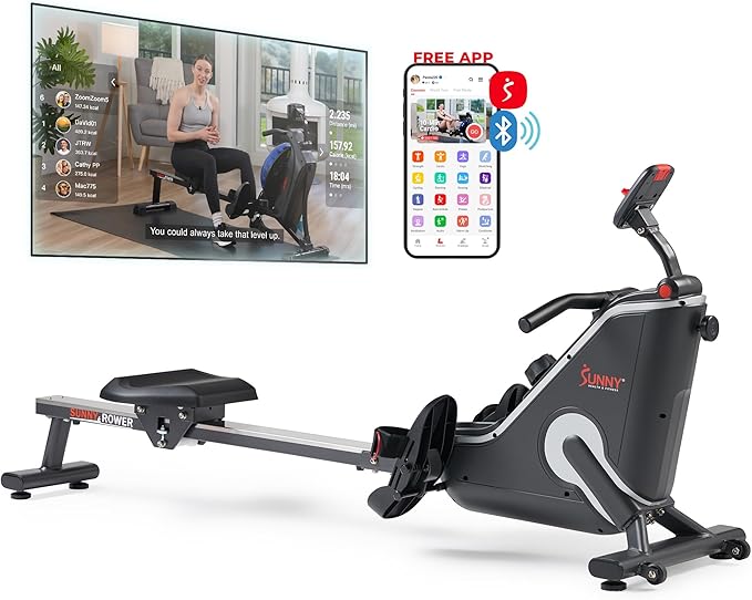 Sunny Health & Fitness Flip & Foldable Rowing Machine for Home w/Extended Slide Rail, Full-Body Workout, Low-Impact, Optional Extra Long Rail, Quiet Rail Cover, Water Motion and Free SunnyFit App