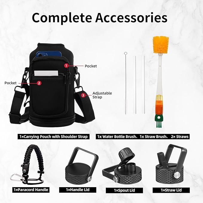 Insulated Water Bottle 64oz,Triple Wall Vacuum Stainless Steel(Dishwasher Safe),Leak Proof & Non-BPA,Flask Jug with Paracord Handle & Straw Spout Lids Sports Sakura