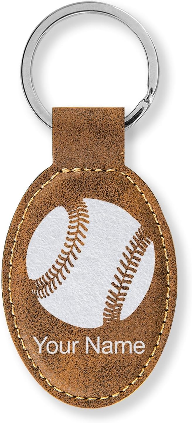 LaserGram Oval Keychain, Baseball Ball, Personalized Engraving Included (Rustic with Silver)