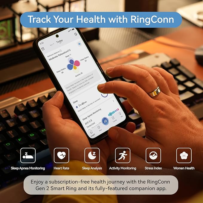 RingConn Gen 2, World’s First Smart Ring with Sleep Apnea Monitoring, No APP Subscription, 12-Day Battery Life, Stress/Heart Rate/Women's Health Tracker, Android & iOS Compatible (Silver, Size 14)